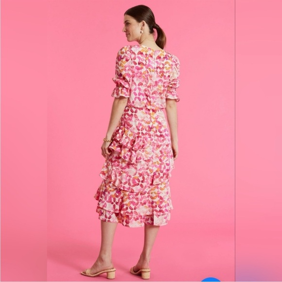 tyler boe Maxine Silk Ballet Slipper Dress V-Neck Puff Sleeve Ruffle Midi 6 - Picture 3 of 7